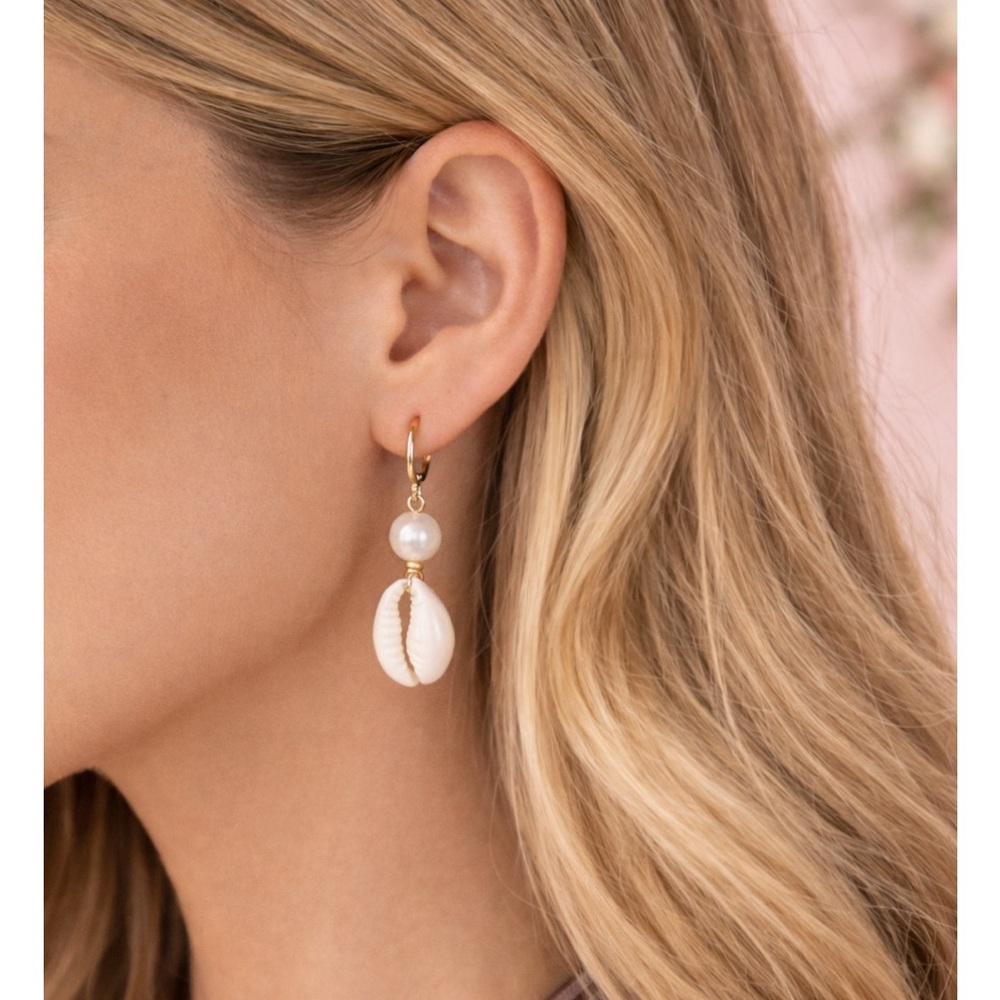 Gold Filled Pearl & Cowrie Shell Drop Earrings Boho Beach Coastal Wedding - Picture 1 of 5